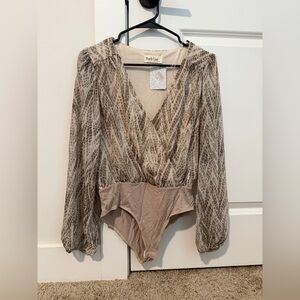 Peach Love California Taupe Snake-Print Surplice Long-Sleeve Bodysuit